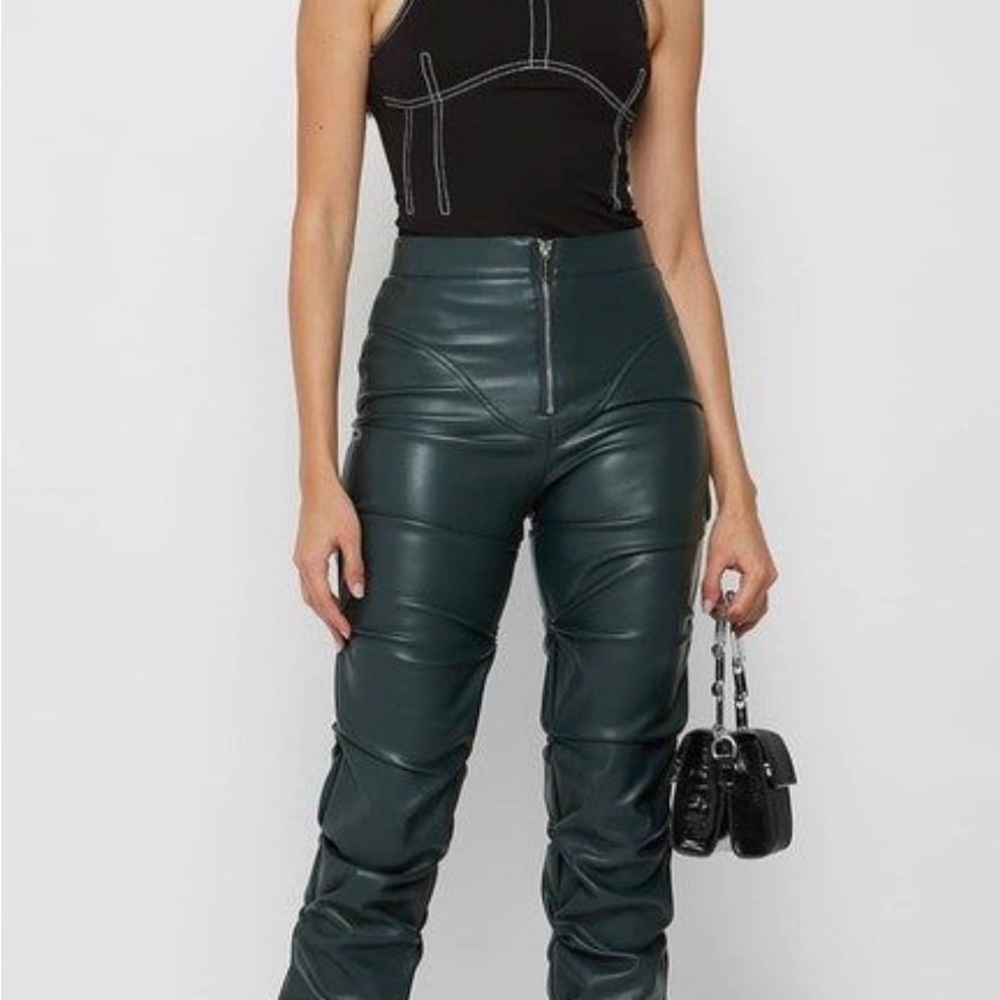 Maniere De Voir Dark Teal High-Waist Faux Leather Skinny Pants